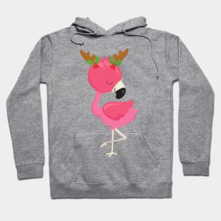 Christmas Flamingo, Pink Flamingo, Antlers, Bird Hoodie